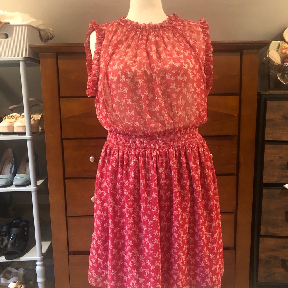 Red Floral Smocked Waist Sleeveless Dress
